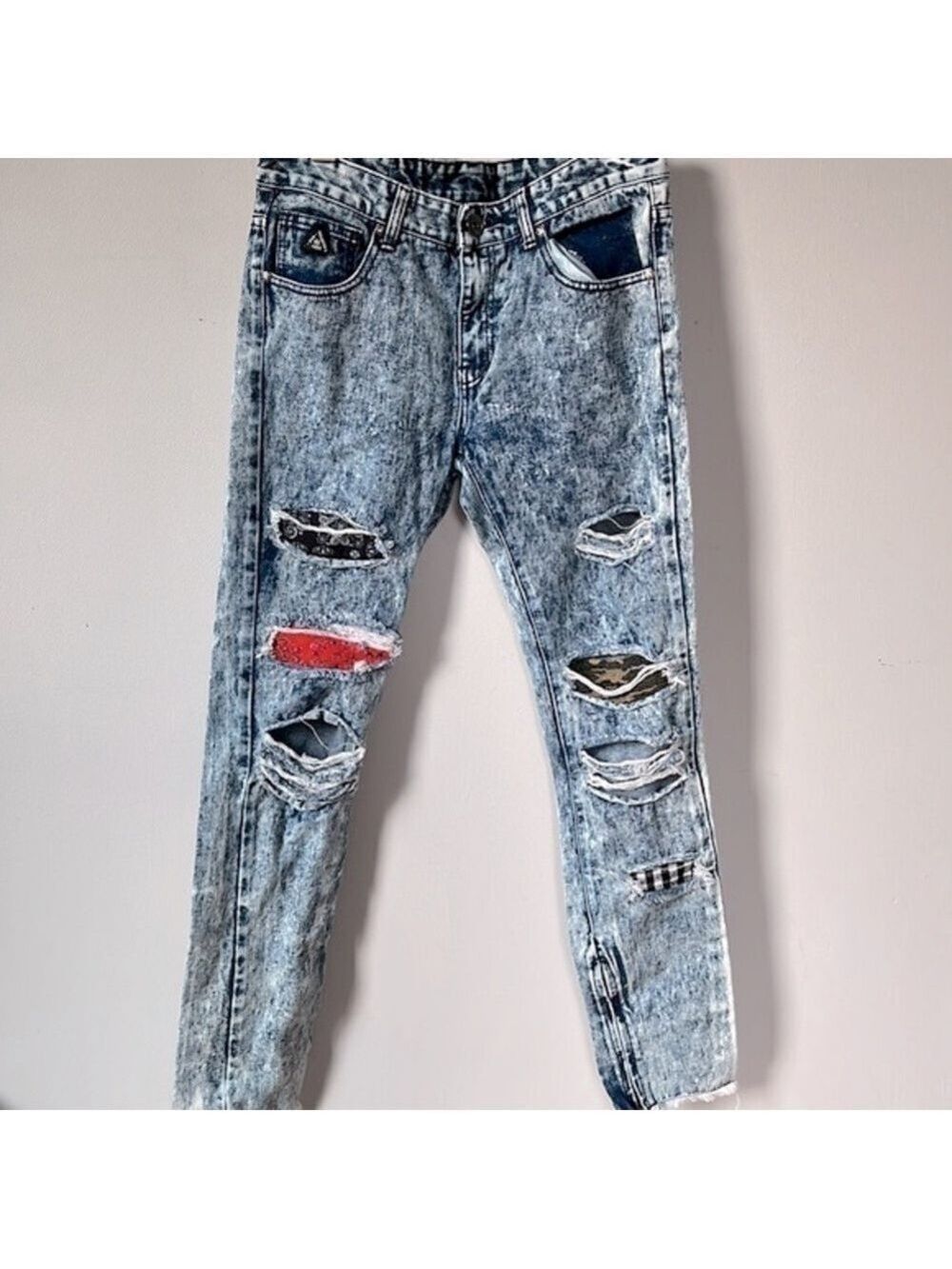 Dnm Collection Mens Distressed Stonewashed Ripped Patchwork Blue Jeans Size 32